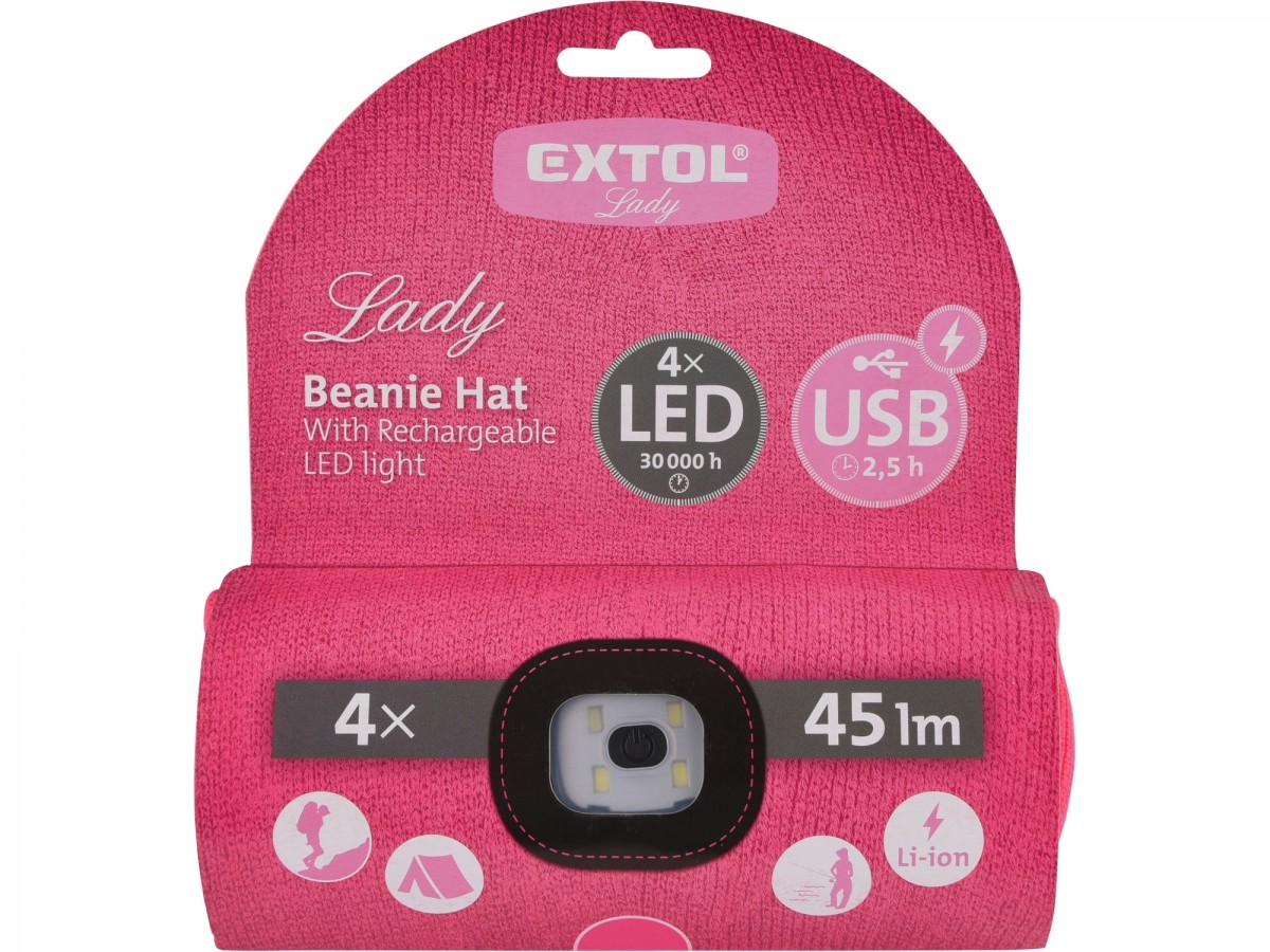 čepice s čelovkou 4x45lm, USB nabíjení, růžová, univerzální velikost Extol 43193